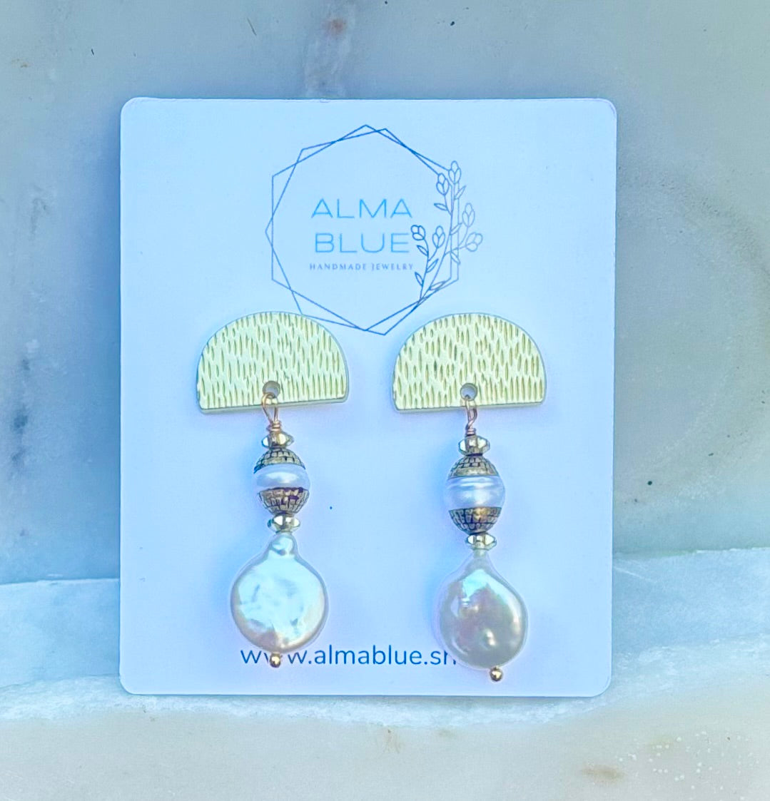 Coin Pearl and Brass Earrings - Alma Blue Handcrafted Jewelry