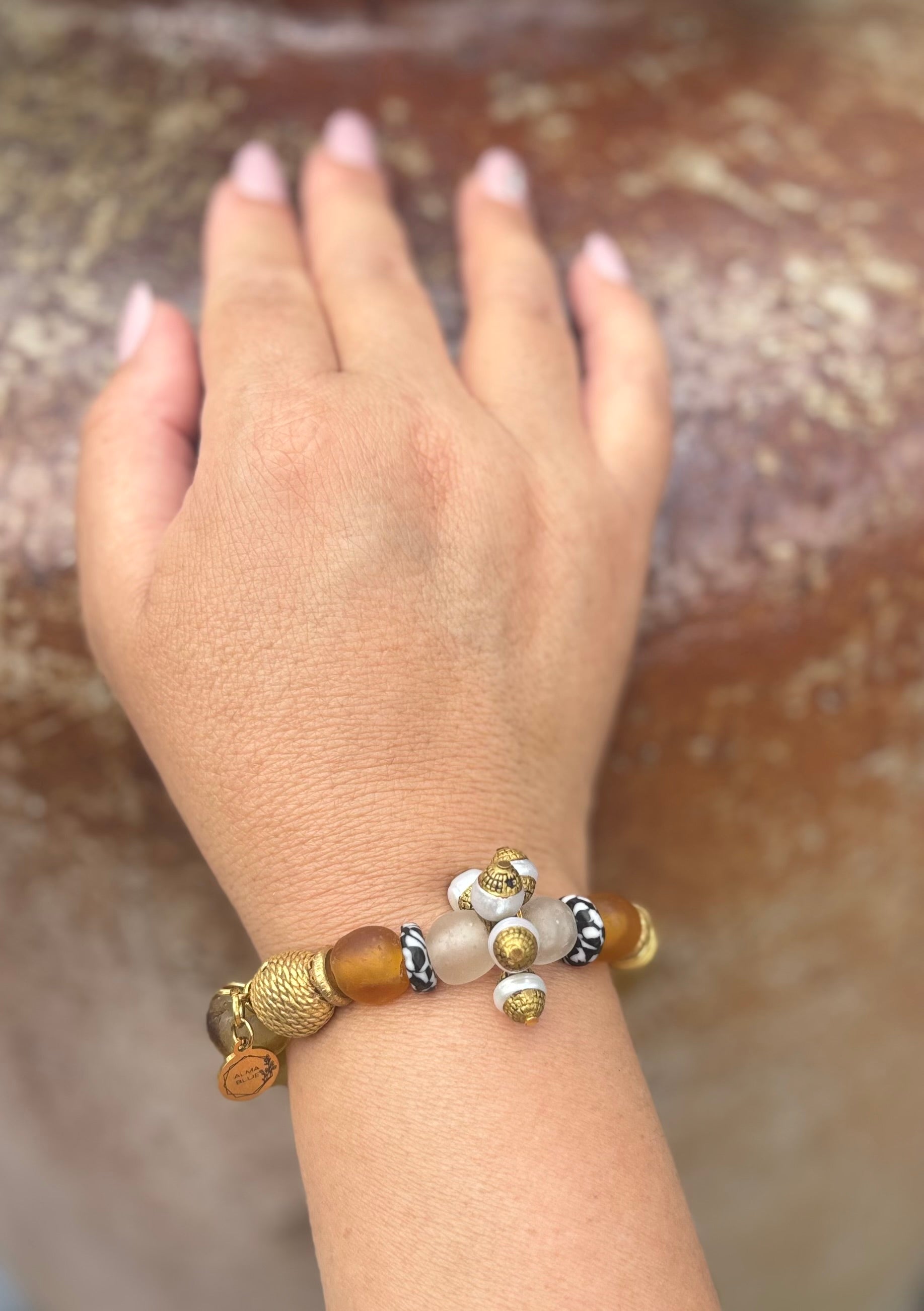 Eco-Friendly Pearl and Earth Tone sustainable Glass Bracelet