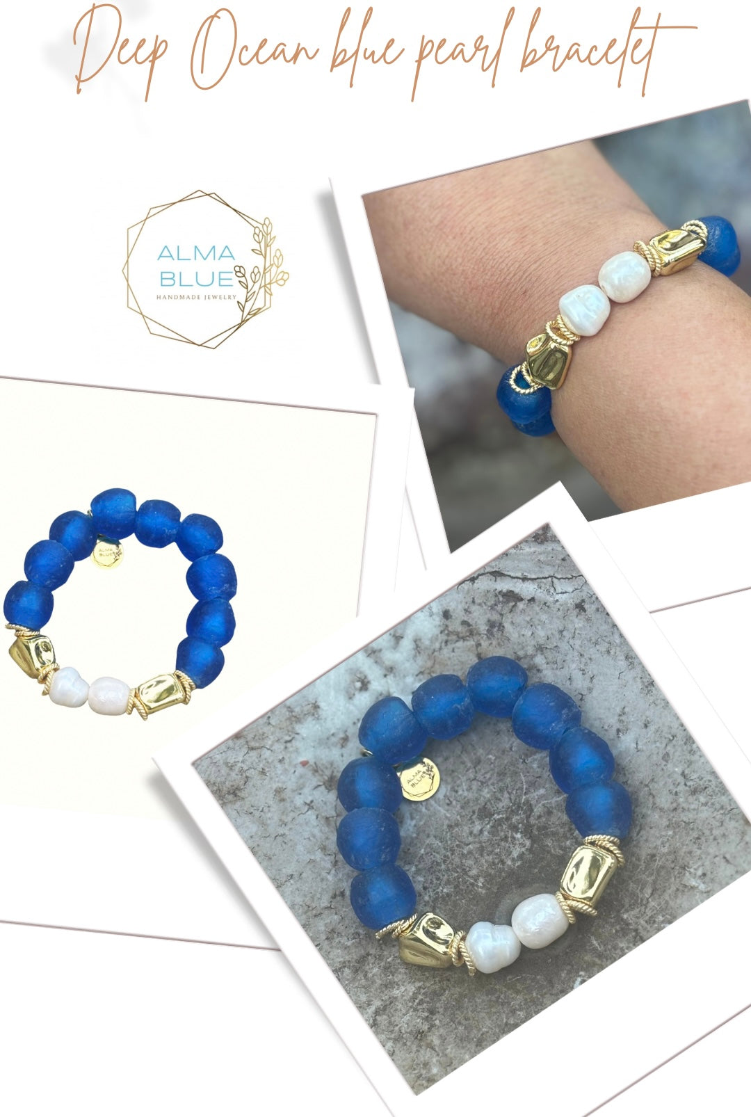 Ocean's Embrace: Sustainable Glass, Pearl & Gold Stretch Bracelet