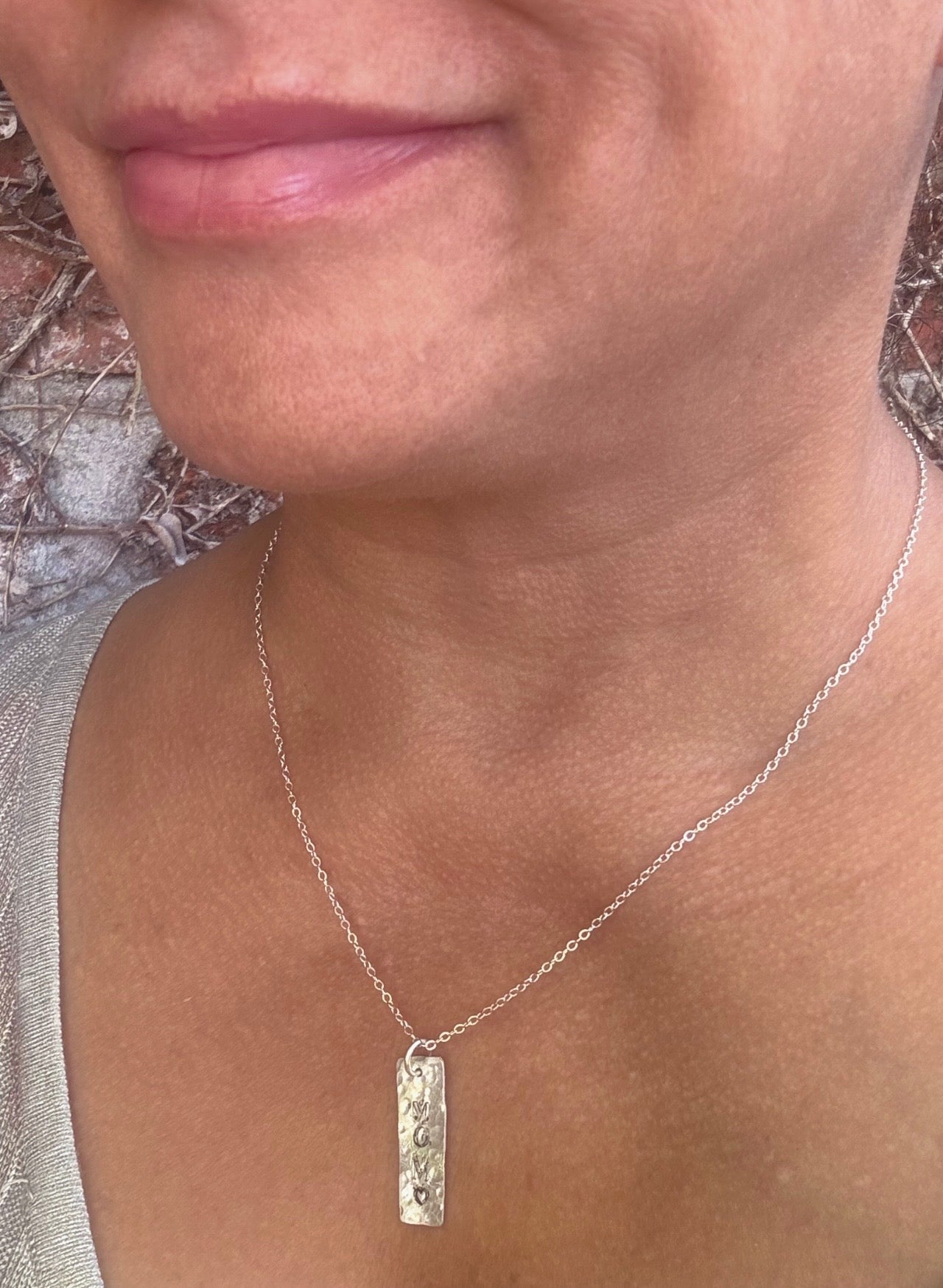 Dainty Handstamped MOM Heart Pendant | Personalized Fine Sterling Silver Necklace