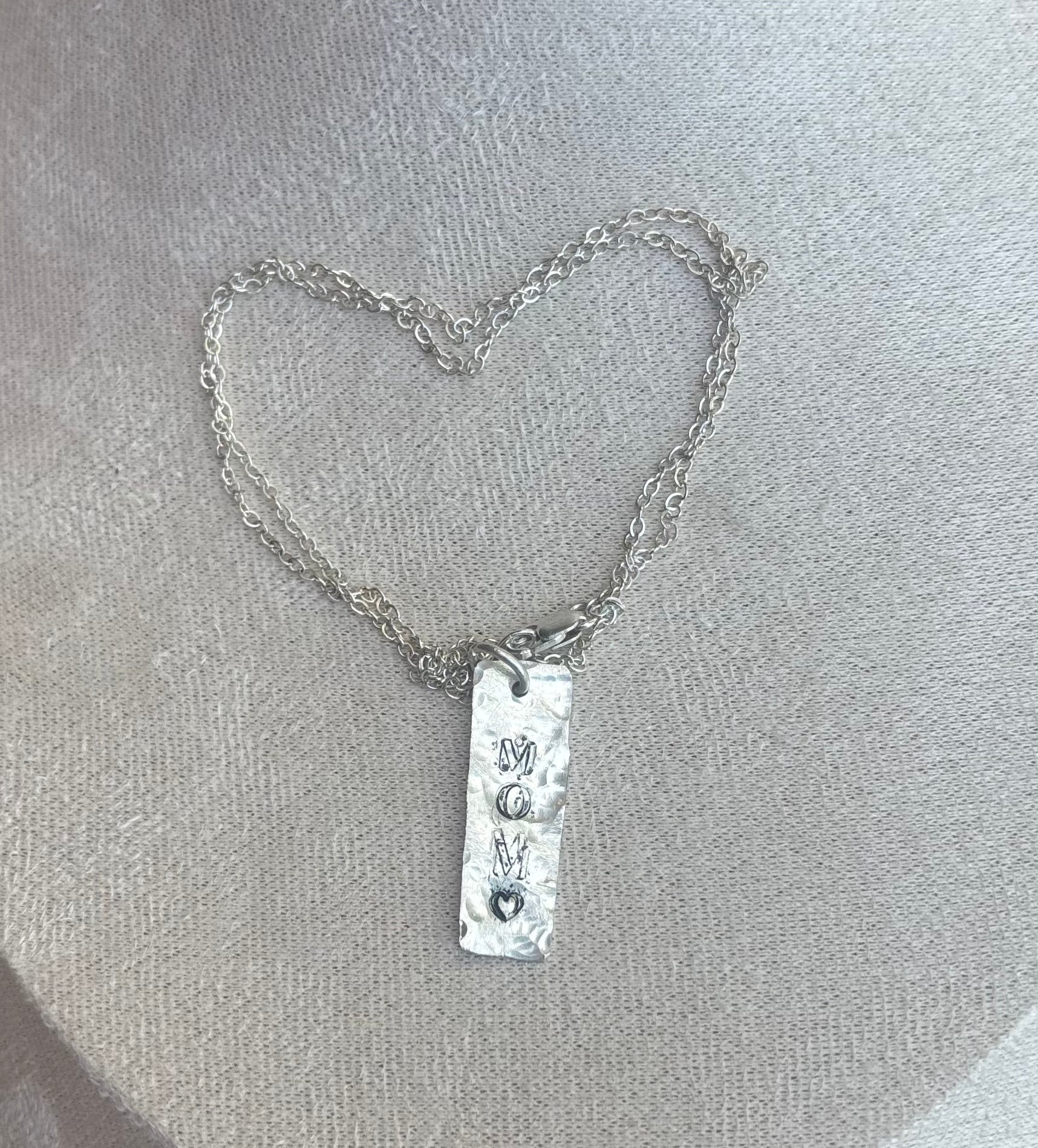Dainty Handstamped MOM Heart Pendant | Personalized Fine Sterling Silver Necklace