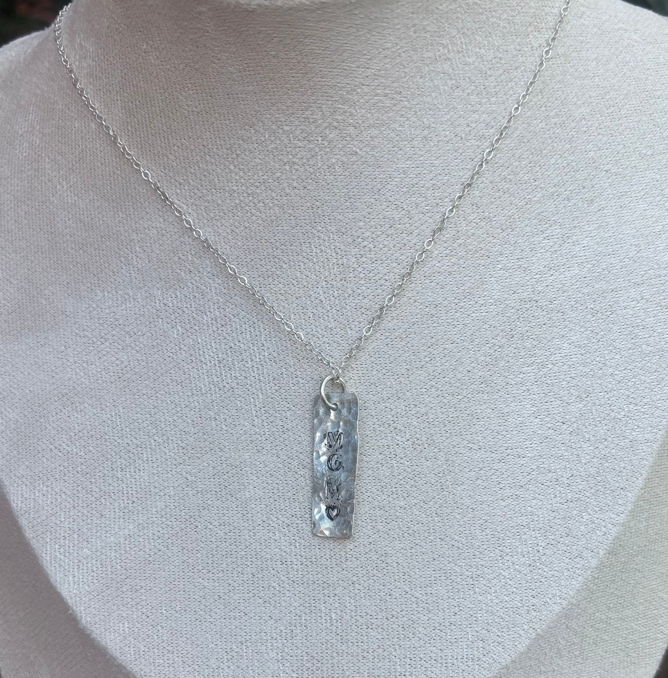 Dainty Handstamped MOM Heart Pendant | Personalized Fine Sterling Silver Necklace
